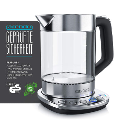 Arendo Glas Wasserkocher – 1.5L, Temperatureinstellung & Warmhalten