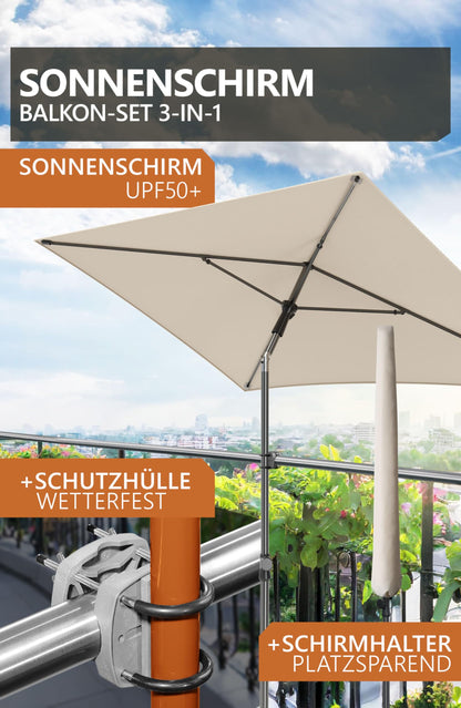 4smile SunnyShade Plus Sonnenschirm Balkon Set, 200 x 125 cm, Beige