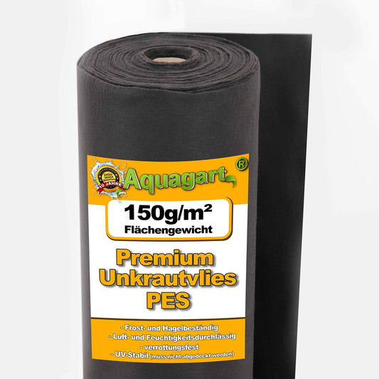 Aquagart Unkrautvlies Gartenvlies - PES 150g schwarz 1,5m x 60m, auf Rolle, unterdrückt Unkraut im Gartenbau.