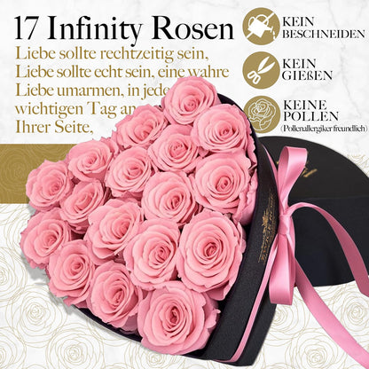 QHHENTOO Infinity Rosen, 17 konservierte Rosen in Herzbox, Rosa