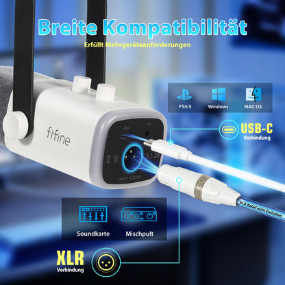 Fifine MI34 Dynamisches Streaming-Mikrofon USB/XLR mit Arm, Weiss