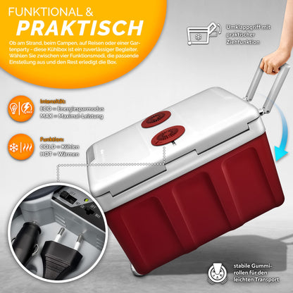 tillvex Kühlbox elektrisch 40L mit Rollen kühlt & wärmt Rot