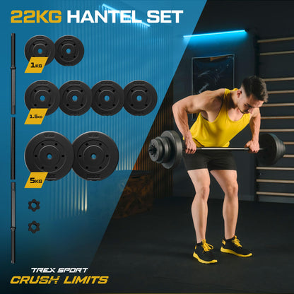 TREX SPORT Langhantel Set 22 kg mit 120 cm Stahlstange und 8 Scheiben