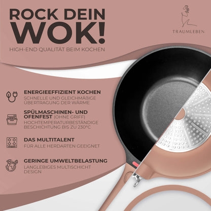 TRAUMLEBEN Wokpfanne mit Deckel – 28cm, abnehmbare Griffe, Induktion