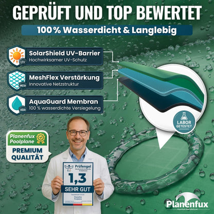 Planenfux® Poolabdeckung rund Ø 700 cm – Solarplane 2-in-1 Ø 820 cm