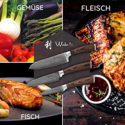 Wakoli EDIB 3er Damastmesser Set mit Schleifstein