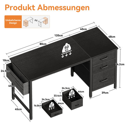 Coleshome Computertisch 120x48cm mit 3 Schubladen - Schwarz