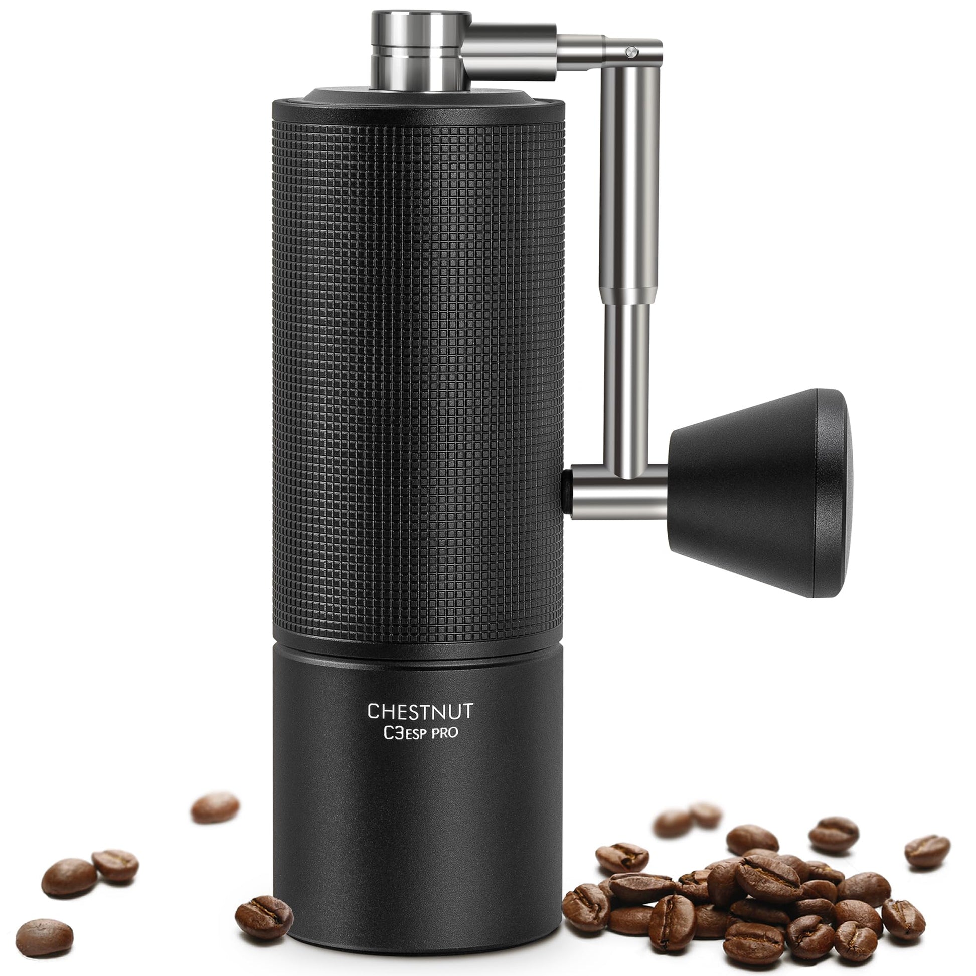 TIMEMORE Chestnut C3 ESP PRO Handkaffeemühle - Schwarz. Schwarze, zylindrische Kaffeemühle. Mahlt Kaffeebohnen präzise für Espresso.
