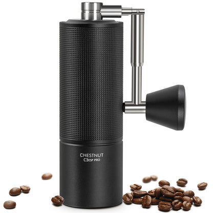TIMEMORE Chestnut C3 ESP PRO Handkaffeemühle - Schwarz. Schwarze, zylindrische Kaffeemühle. Mahlt Kaffeebohnen präzise für Espresso.