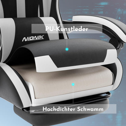 NIONIK Gamer Stuhl Bürostuhl - mit Fussstütze schwarzweiss
