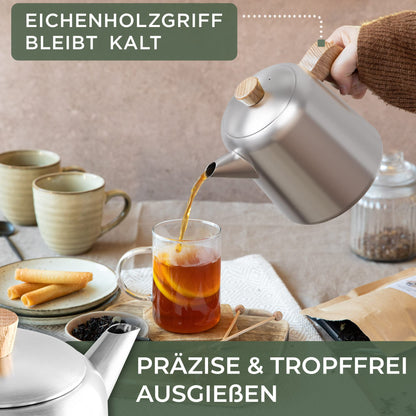 WALDWERK Teekanne mit Stövchen, Edelstahl, Sieb, 1.1L Eiche