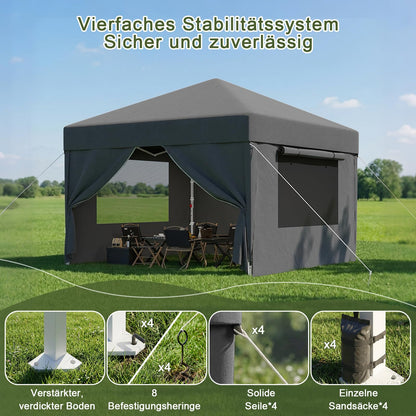 Devoko Faltpavillon 3x3 m wasserdicht mit Seitenwänden, dunkelgrau