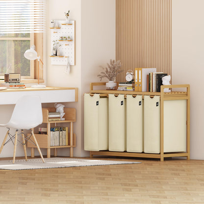 AdelDream Wäschekorb 200L mit 4 Fächern, Bambusrahmen, Beige
