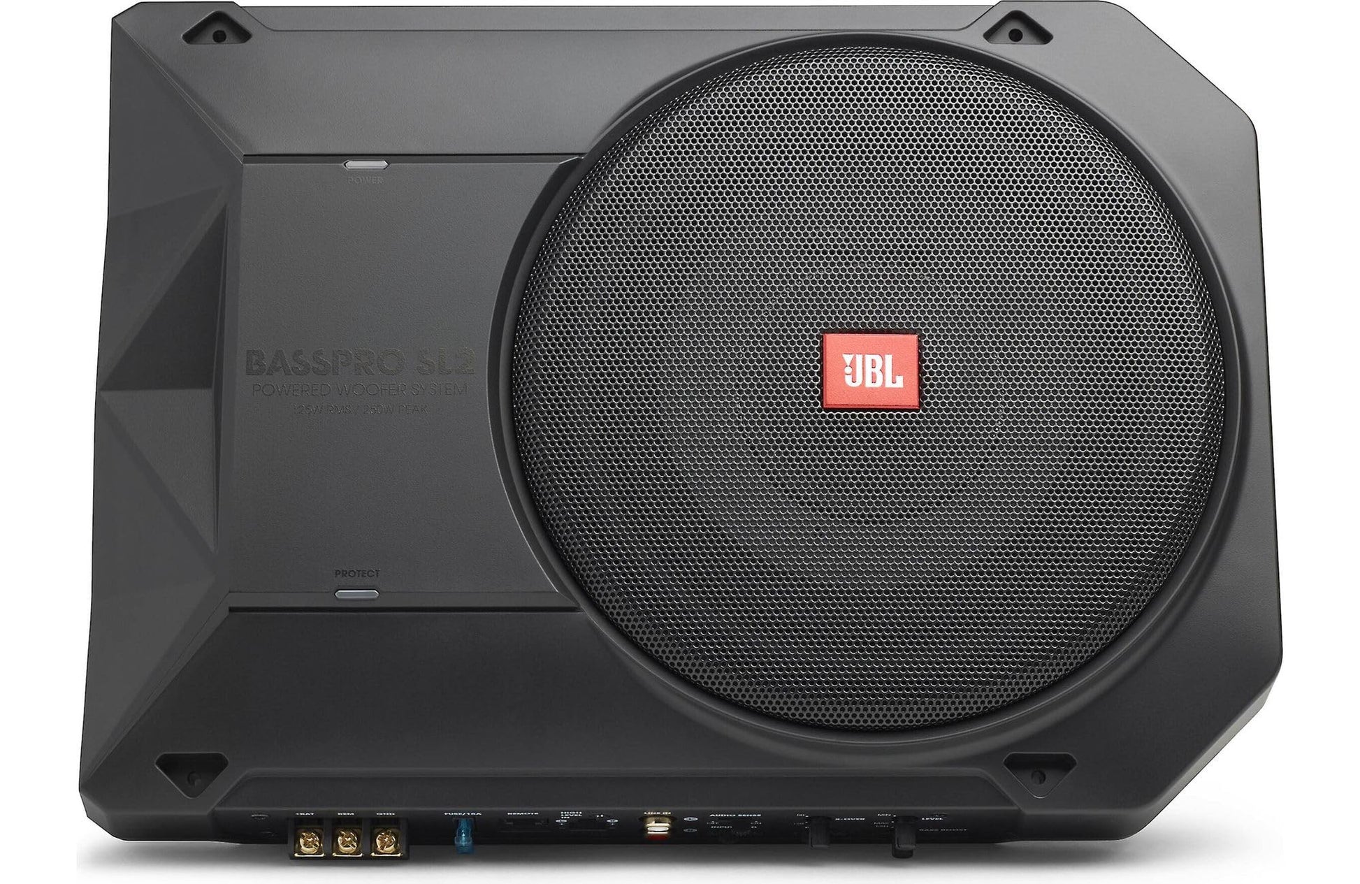 JBL BassPro SL2 Aktiv Subwoofer Car Hifi Untersitz Schwarz. Flacher, schwarzer Aktiv-Subwoofer für tiefe Frequenzen im Auto, Untersitz-Einbau.