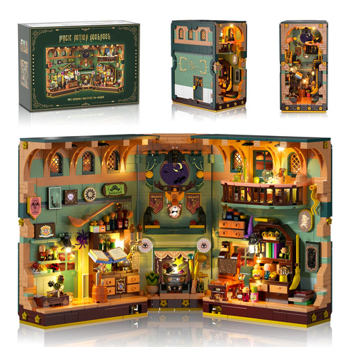 INSOON Zaubertrank Book Nook Bauset mit LED, 990 Klemmbausteine – aufklappbares Buch mit beleuchtetem Zauberlabor