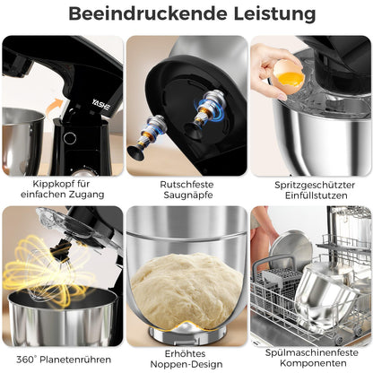 YASHE Küchenmaschine SM-2548A, 1500 W Knetmaschine mit 2 Schüsseln