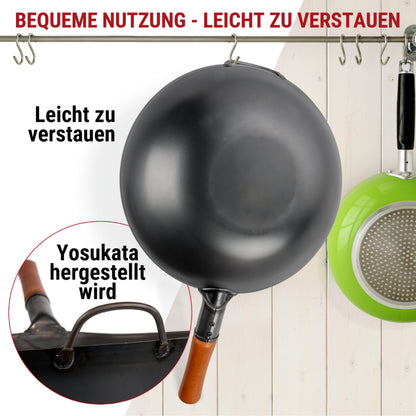 YOSUKATA Karbonstahl Wok 34 cm, flacher Boden, voreingebrannt