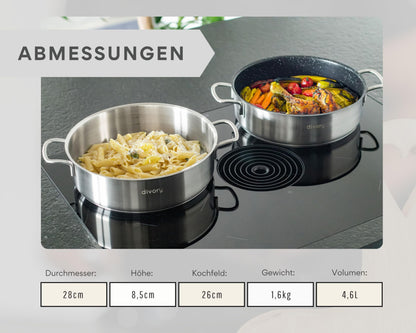 DIVORY PURA Hohe Edelstahl Schmorpfanne mit Deckel - 28 cm
