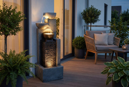 Arnusa Gartenbrunnen BK843 mit LED-Wasserfall, 109 cm, Steinoptik Grau