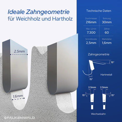 FALKENWALD Kappsägeblatt für Holz - HM 216x30 mm, 60 Zähne