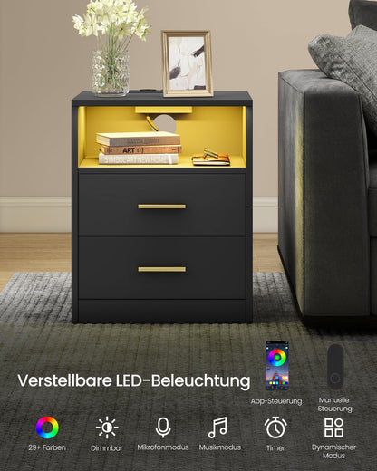 VASAGLE CUSTOS Nachttisch mit Ladestation, 2er Set, tintenschwarz