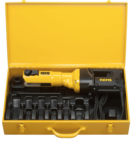 REMS Power-Press SE Basic-Pack Elektrische Radialpresse 32kN. Orange-schwarzes, robustes Gerät zum elektrischen Verpressen von Rohrverbindungen mit 32kN.