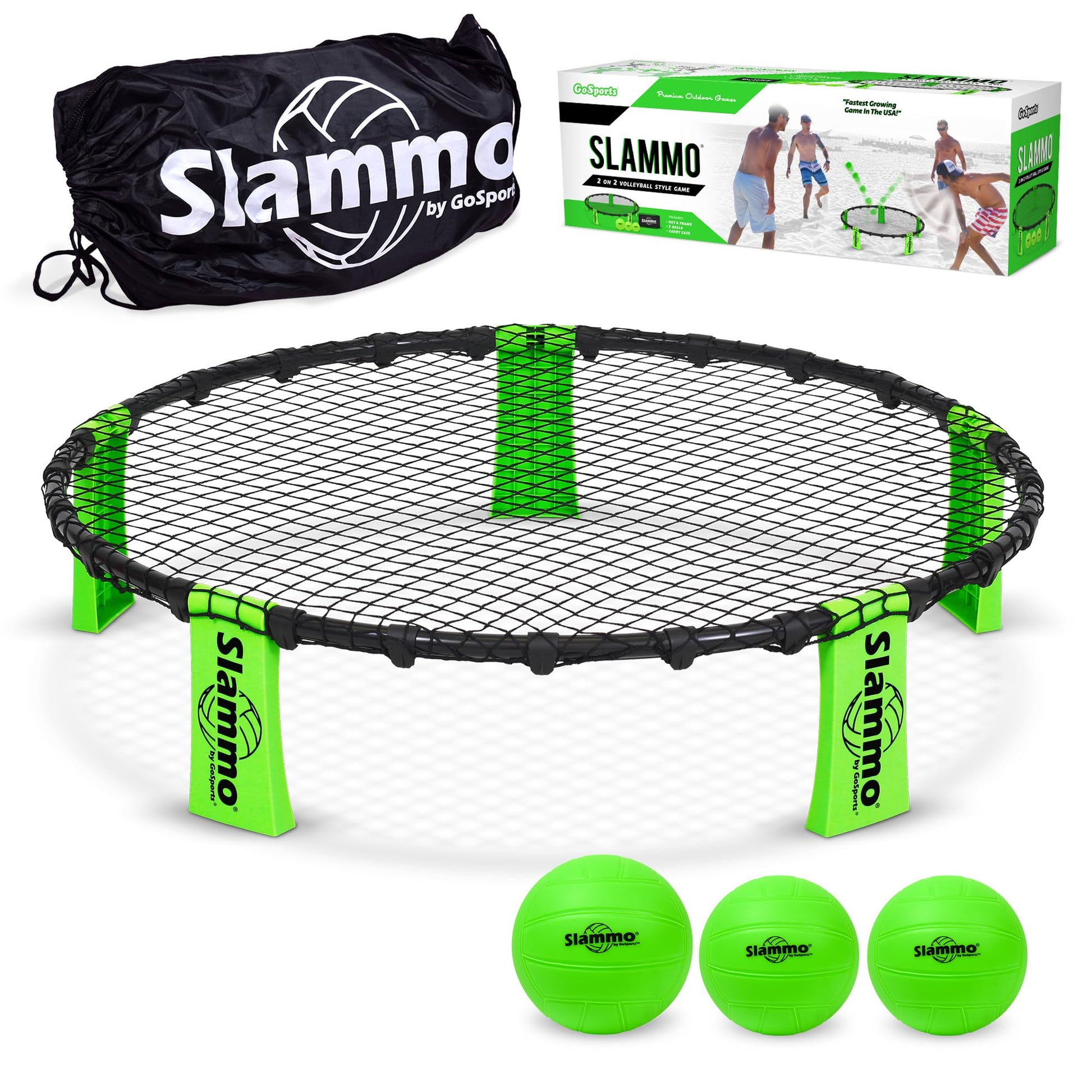 GoSports Slammo Roundnet Spielset mit 3 Bällen und Tragetasche, Grün – rundes Netz mit Beinen