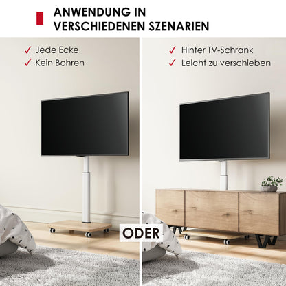 AOKCOS TV Ständer rollbar mit Holzablage für 32-65 Zoll, Weiss/Natur