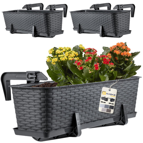 KADAX Blumenkasten 60 cm 3er Set Balkonkasten Kunststoff Anthrazit im Rattan-Stil für Balkon und Garten