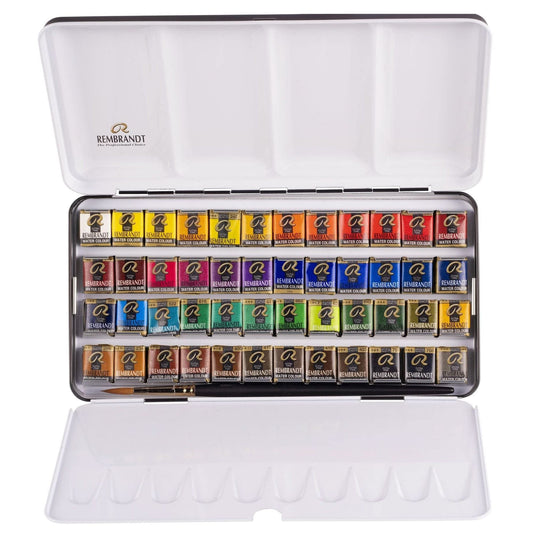 Rembrandt Aquarellkasten 48 Farben inkl. Sable Pinsel. Kompakter schwarzer Kasten mit 48 runden Farbnäpfchen. Zum Aquarellieren.