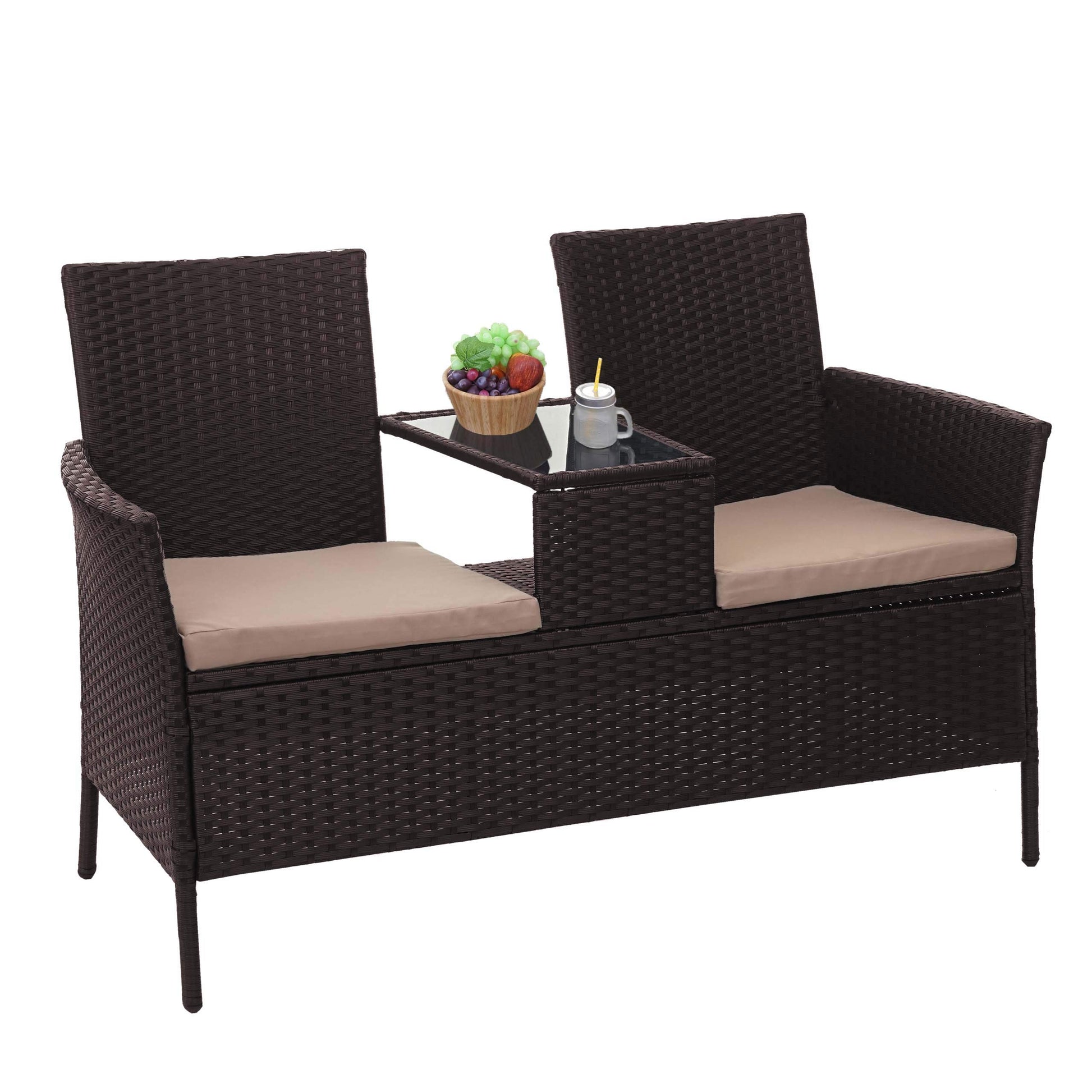 Mendler Poly-Rattan Sitzbank mit Tisch HWC-E24 132cm – Braun. Braune Poly-Rattan Bank, 132cm, mit integriertem Tisch für Außenbereiche.