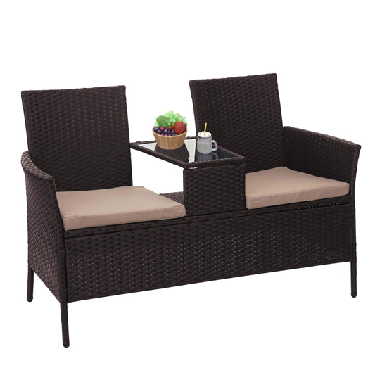 Mendler Poly-Rattan Sitzbank mit Tisch HWC-E24 132cm – Braun. Braune Poly-Rattan Bank, 132cm, mit integriertem Tisch für Außenbereiche.
