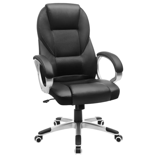 SONGMICS OBG22B Bürostuhl Chefsessel Drehstuhl – Schwarz. Schwarzer Bürostuhl mit hoher Rückenlehne, Armlehnen und Rollen zur Nutzung am Schreibtisch.