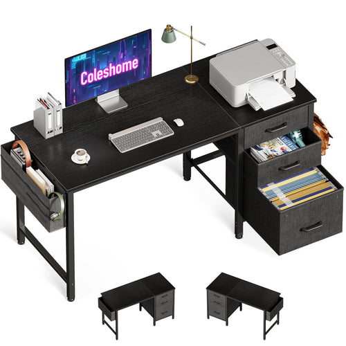 Coleshome Computertisch 120x48cm mit 3 Schubladen - Schwarz. Rechteckig, zum Arbeiten mit PC/Laptop und Ordnen von Büromaterial.
