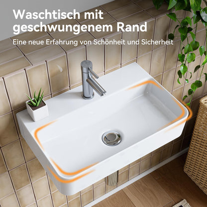 HOROW Rechteck Hängewaschbecken Keramik - Weiss 46x30cm ohne Überlauf