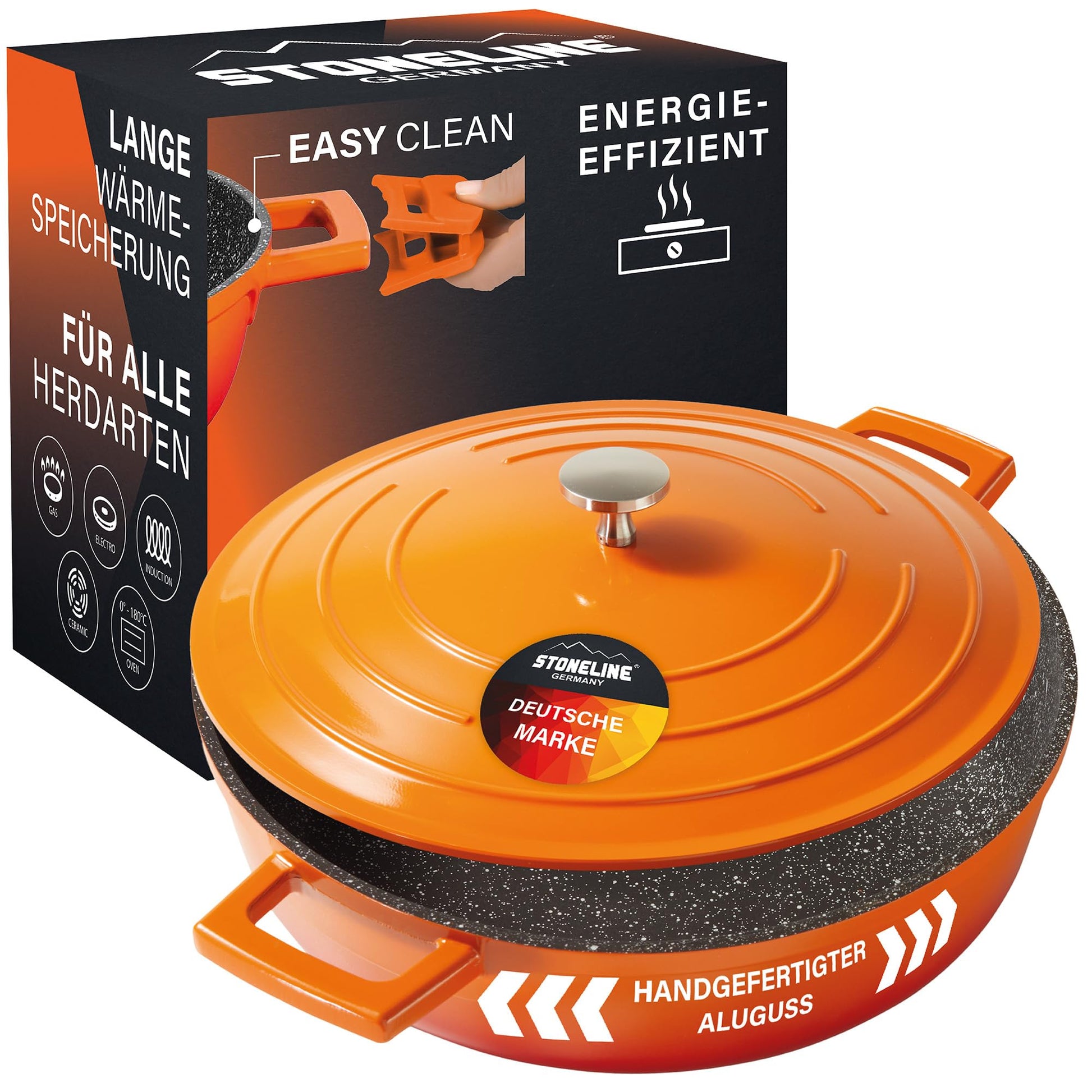 STONELINE Cocotte Bräter Aluguss 28 cm Induktion – Ofenrot. Runder, ofenroter Aluguss-Bräter zum Schmoren und Braten auf Induktion und im Ofen.