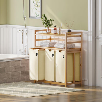 AdelDream Wäschesortierer 150 l mit 3 Fächern, Bambusrahmen, Beige