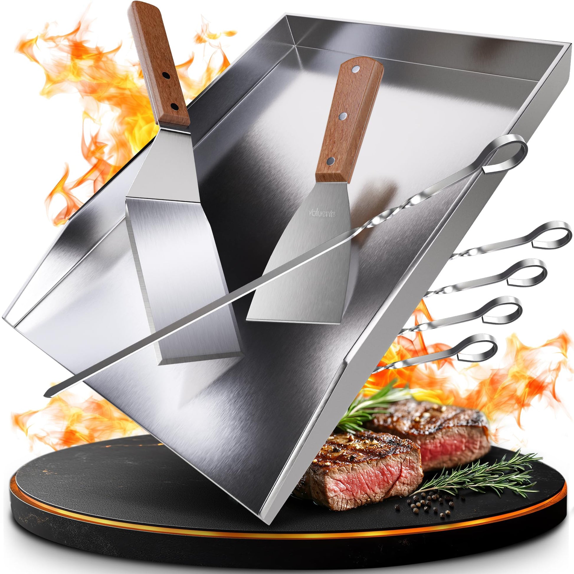 valuents Grillplatte Plancha Edelstahl 25 x 35 cm mit Grillspachtel – rechteckige Kochfläche aus rostfreiem Edelstahl