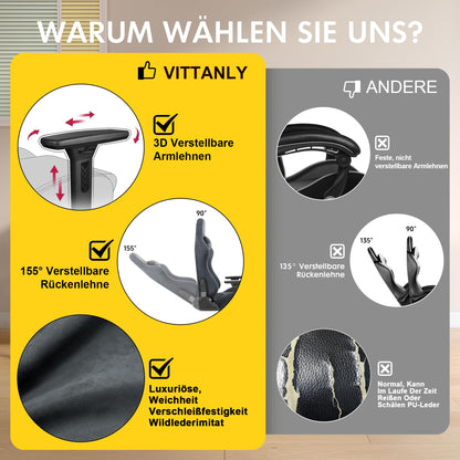 Vittanly Gaming Stuhl – Ergonomisch Wildlederimitat Grau