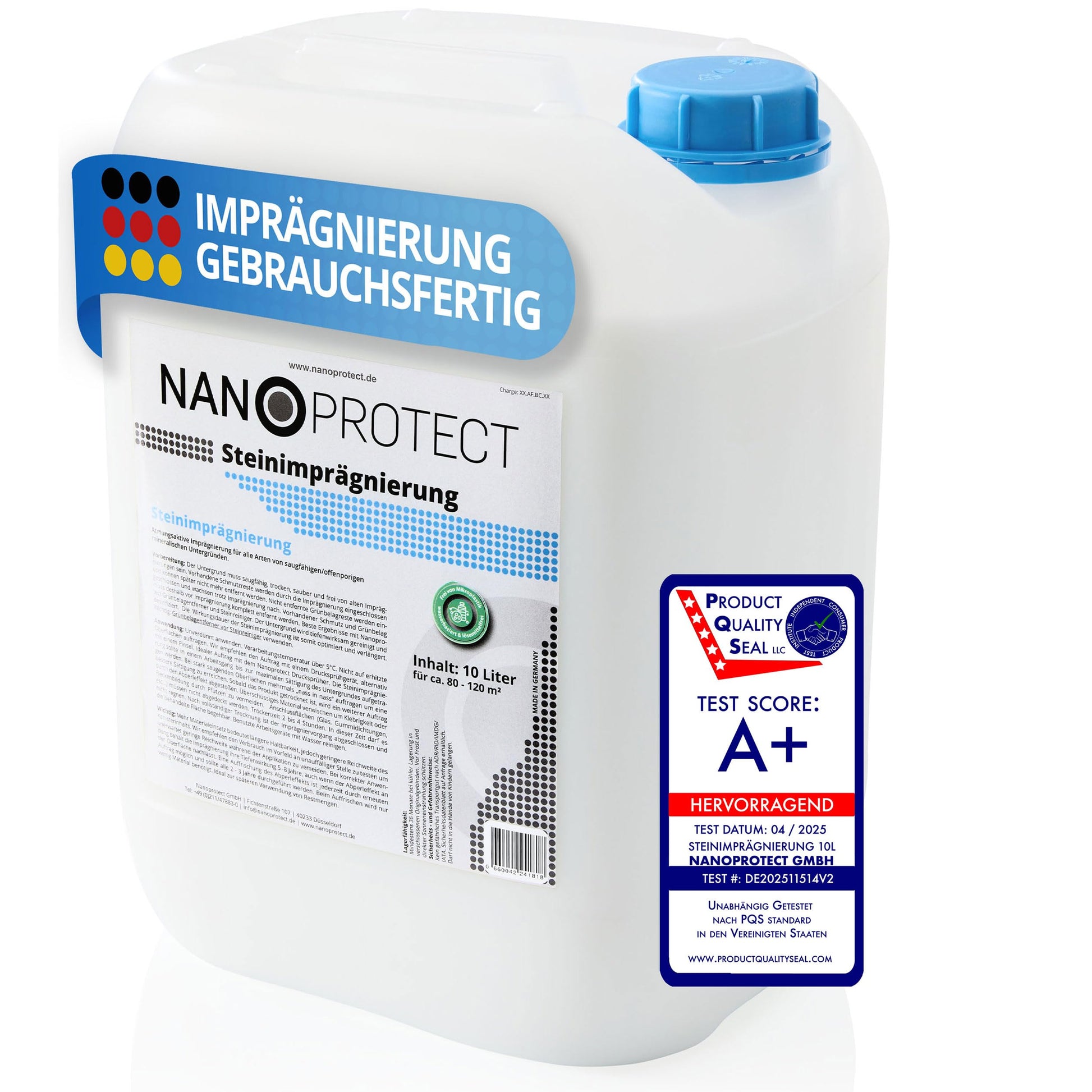 Nanoprotect Steinimprägnierung 10L – Gegen Grünbelag und Einschmutzung: Weißer Kunststoffkanister mit Imprägnierung für Steinflächen. Schützt vor Grünbelag und Verschmutzung.