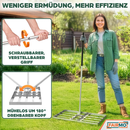 Fairmo Rasenrakel Edelstahl 75x35 cm, Nivellierrechen mit 2 m Stiel
