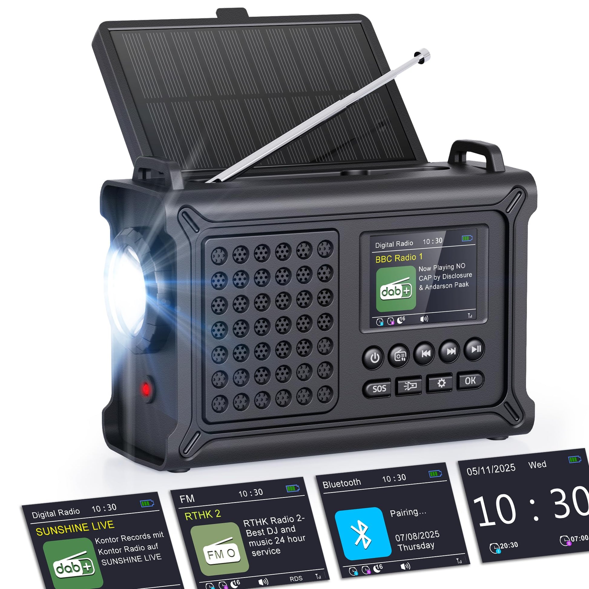 ROCAM CR1030DAB Kurbelradio DAB+/UKW, Solar-Notfallradio Bluetooth mit Farbdisplay und Handkurbel