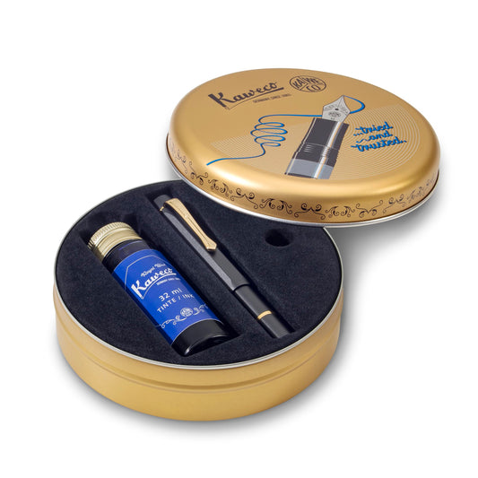 Kaweco Piston Sport AL Kolbenfüllhalter Set - Black/Gold, Feder M: Kompakter schwarzer Füllhalter mit Goldakzenten zum Schreiben.