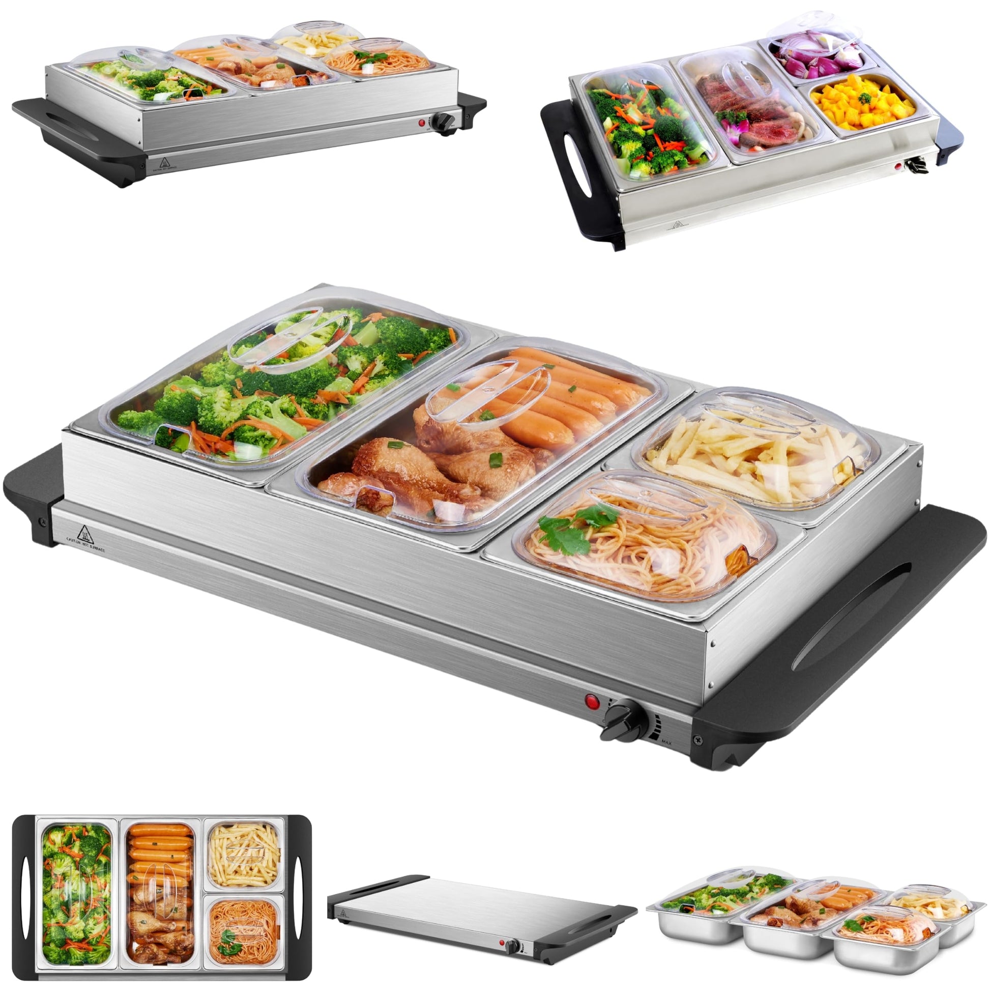 Steinborg Buffetwärmer Speisewärmer mit 4 Edelstahlbehältern 300 Watt, transparente Acrylglasdeckel