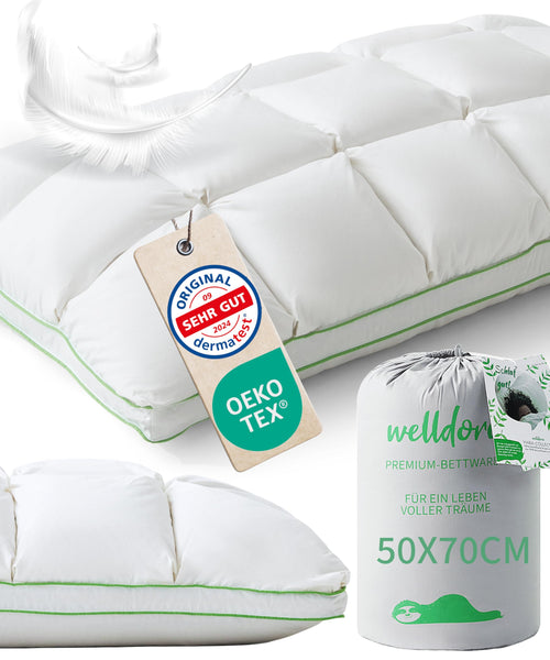 Welldora Premium Kopfkissen Daunenfasern 50x70 cm - Mittelfest. Weißes, rechteckiges Kissen stützt Kopf und Nacken für optimalen Schlafkomfort.