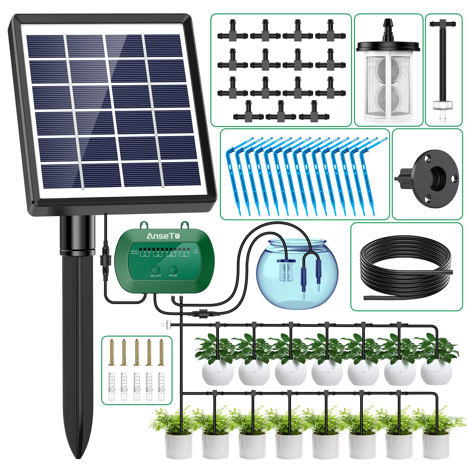 AnseTo Solar Bewässerungssystem BSV-IC007 mit 15 m Tropfschlauch, Solarpanel separat