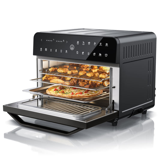 Arendo Heissluftfritteuse Multifunktionsofen, ein 25L Edelstahl-Ofen, gart Speisen vielseitig mittels Heissluftfrittieren und Backen.