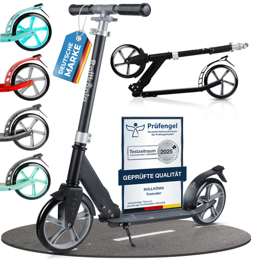 Rollkönig City-Scooter faltbar, Tretroller für Kinder und Erwachsene in Schwarz/Grau mit grossen Rädern
