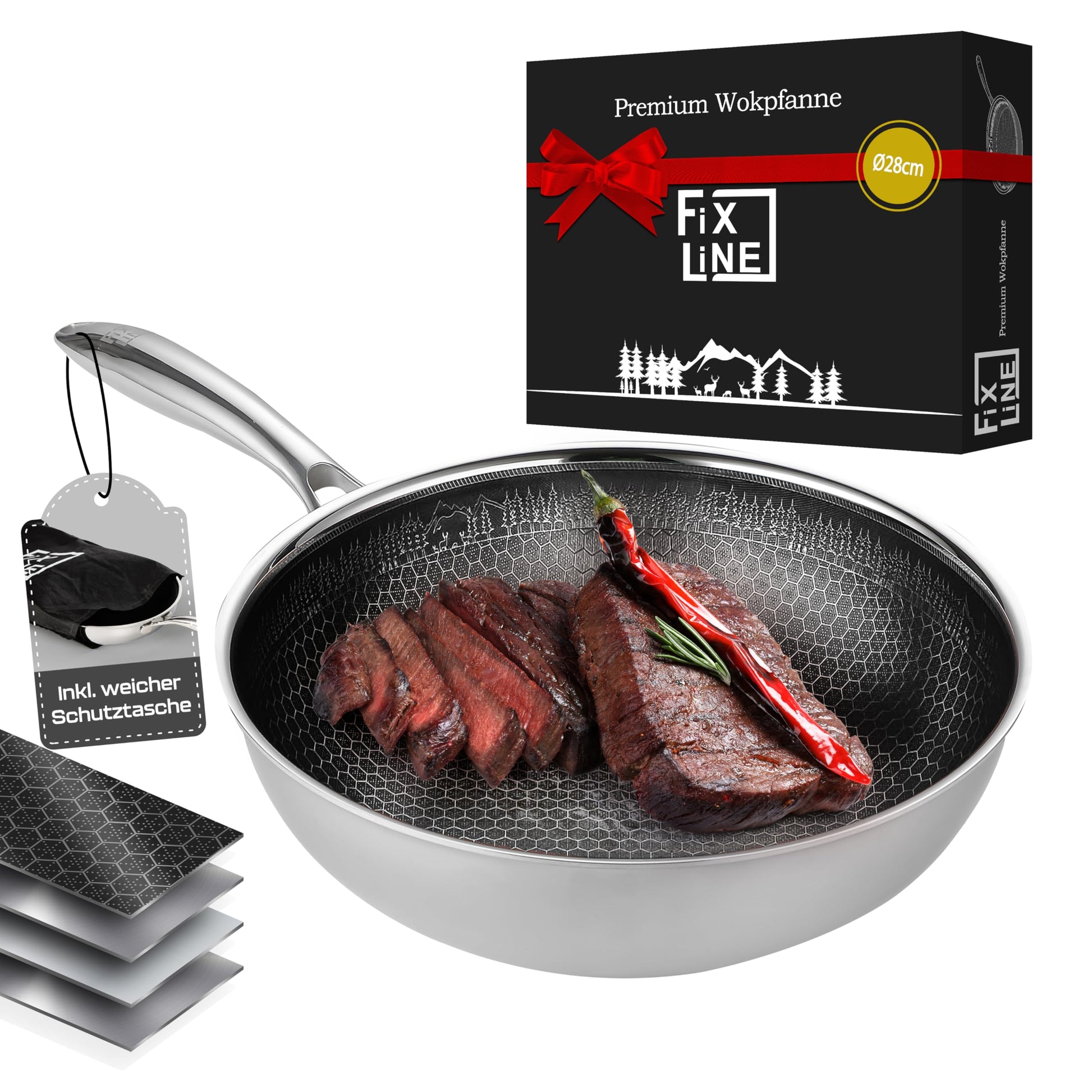 FIXLINE® BLACK FOREST Wokpfanne 28cm – Keramische Beschichtung. Schwarze Wokpfanne zum Braten & Rührbraten mit Antihaftwirkung.