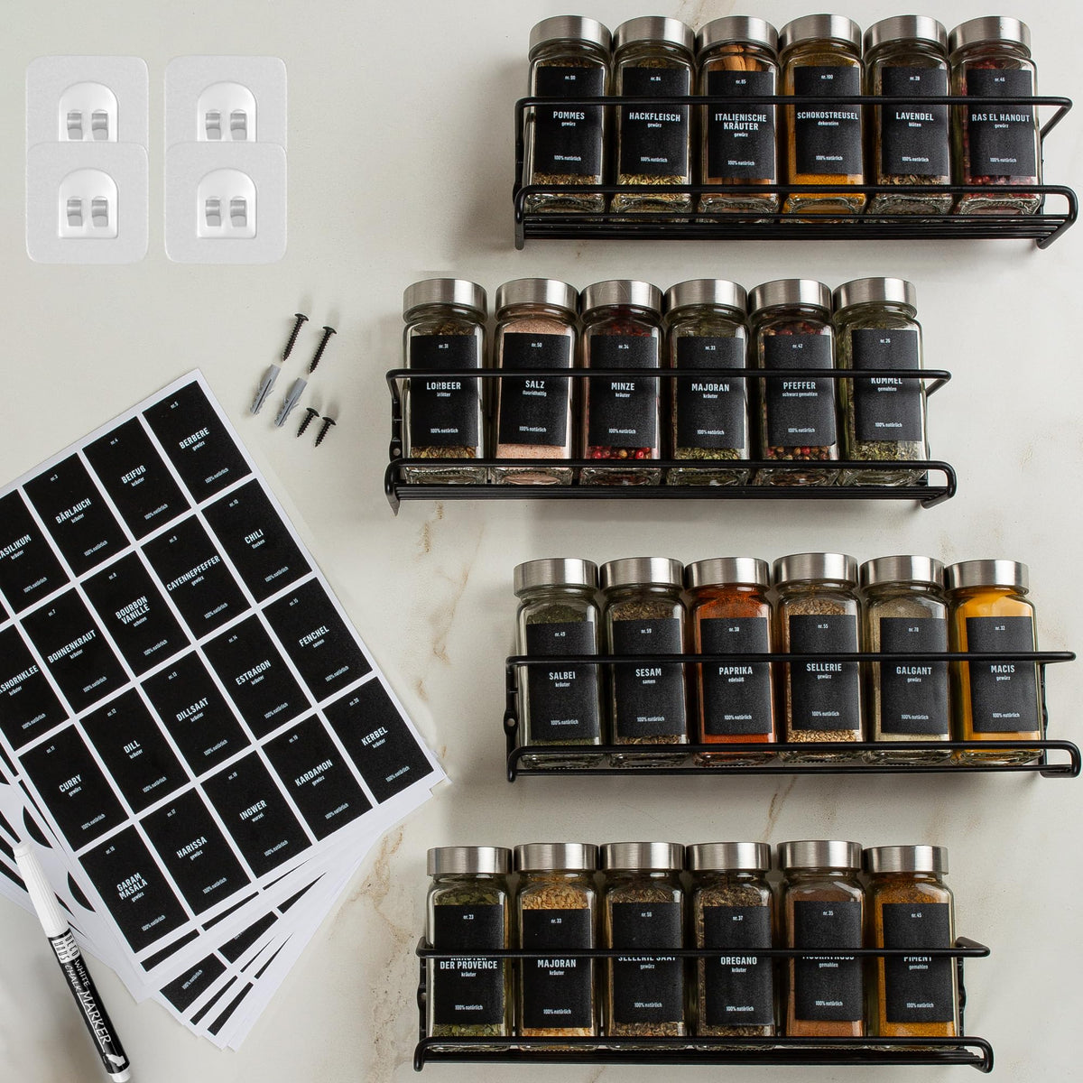 Deco haus Gewürzregal Wand ohne Bohren, 4er Set mit 24 Gewürzgläsern, schwarz